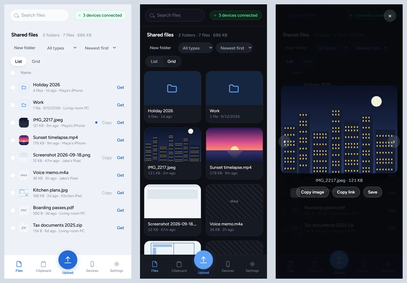 Lanlord on a phone: shared files in a list, the same files in a grid, and a full-screen photo